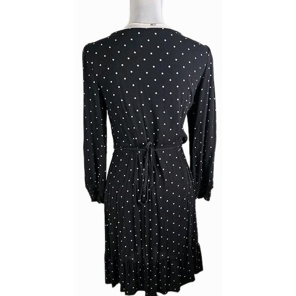 American Eagle~Woman Size L~Black/White Polka Dot Ruffle Tie Wrap Dress Long Slv - Picture 12 of 15